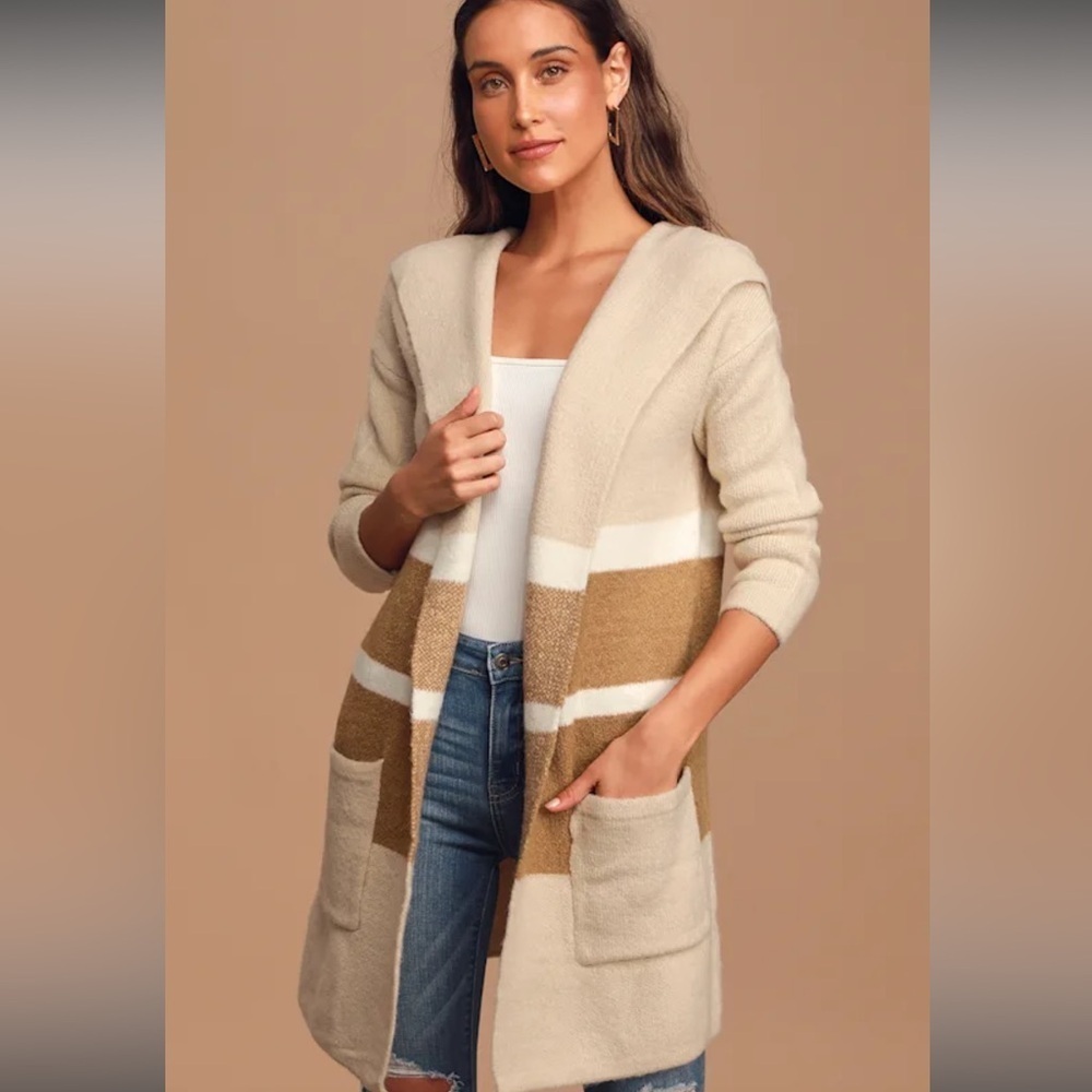 Lulu's Carlsbad Tan and Beige Hooded Cardigan Sweater
